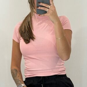 YMI Light Pink Ribbed Short Sleeve Top